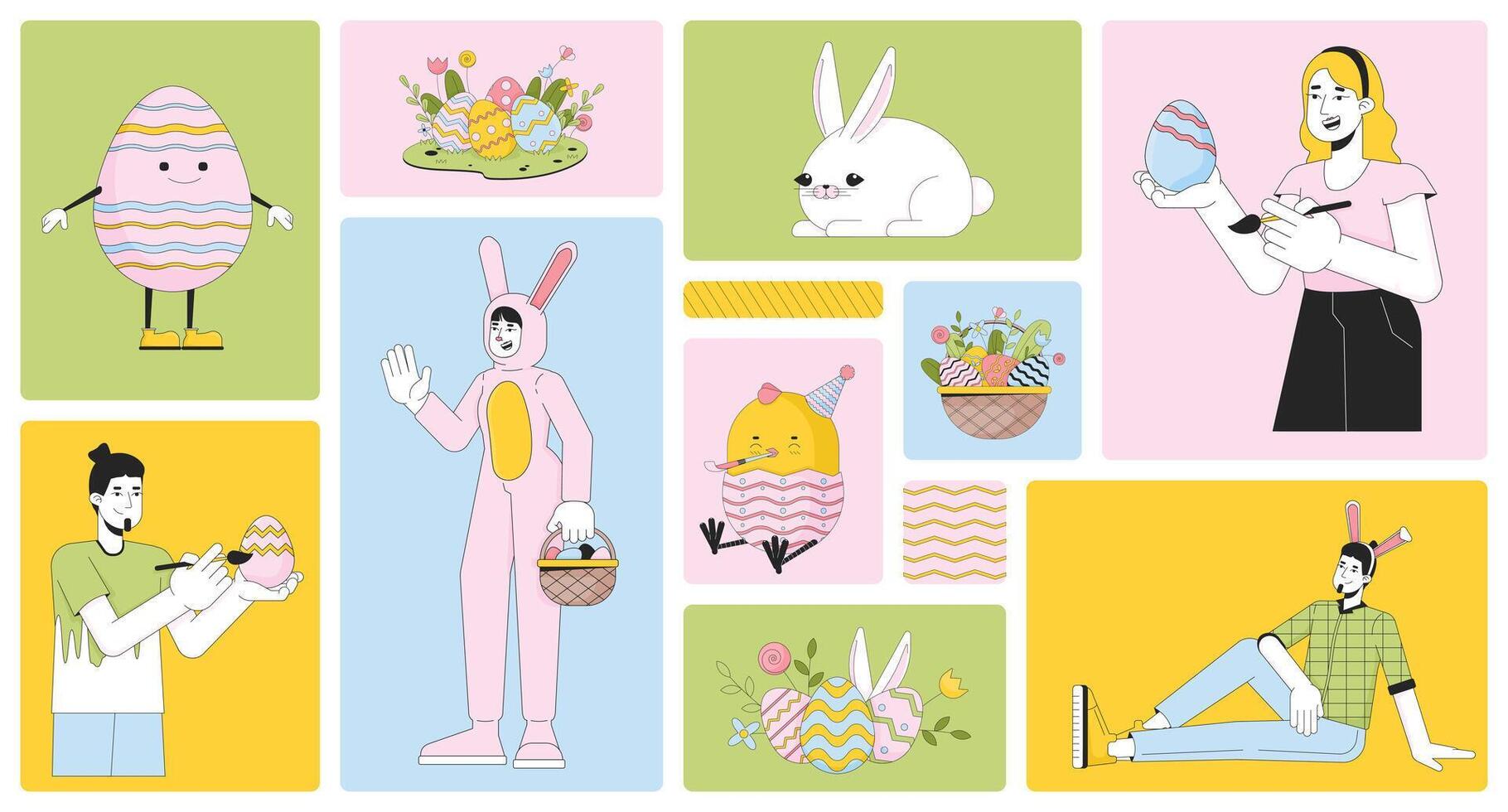 Happy Easter bento grid illustration set. Eastertime traditions 2D image collage design graphics collection. Eastertide April. Celebrating young adults flat characters moodboard layout vector