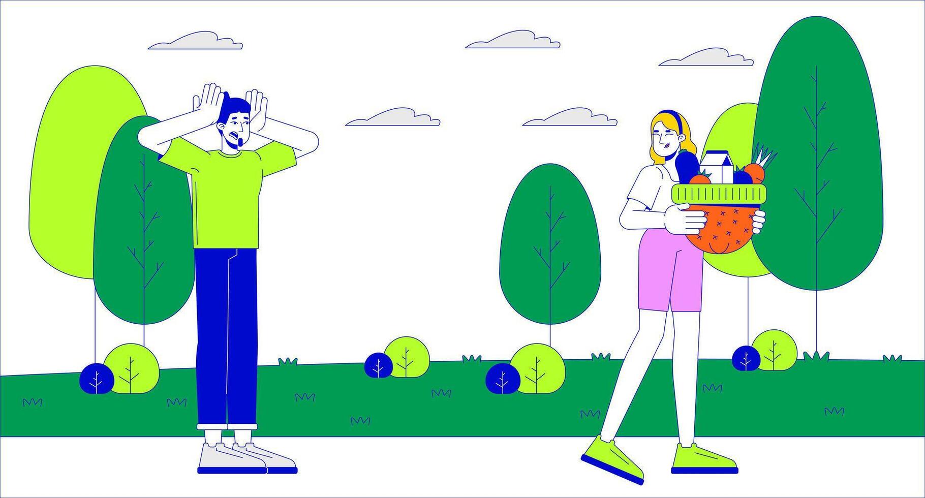 Shocked caucasian man and woman carrying products in hat cartoon flat illustration. Female and male in park 2D lineart characters isolated on white background. Confusion scene color image vector