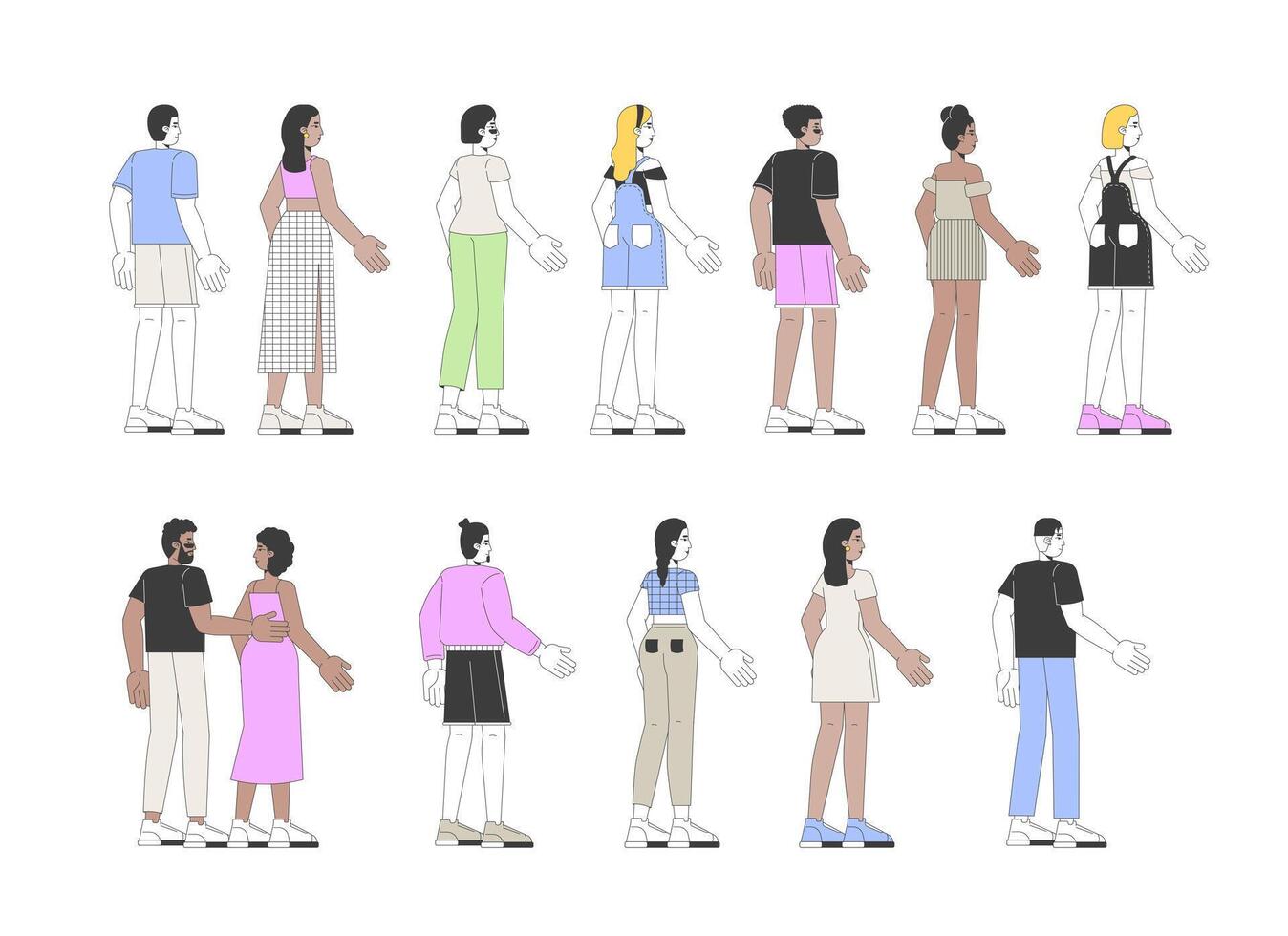 Standing back view multicultural adults 2D linear cartoon characters set. Summer outfit tourists isolated line people white background. Casual attire color flat spot illustrations collection vector