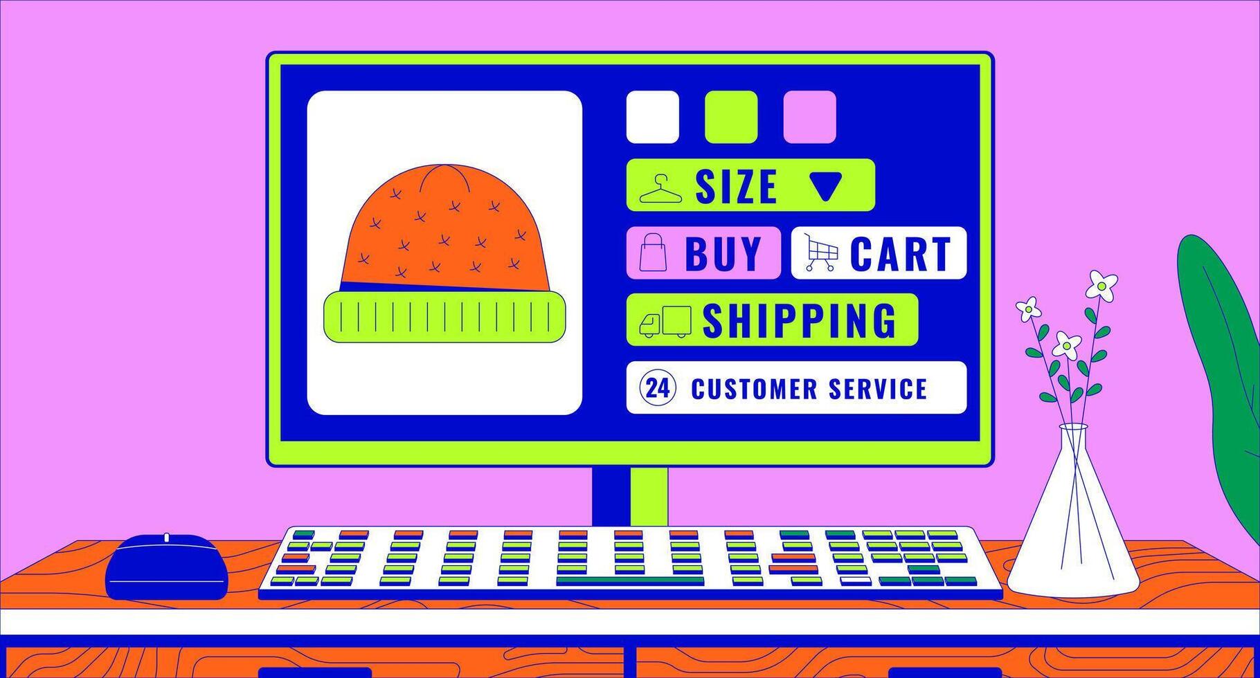 Knitted hats selling web site open on computer 2D linear illustration concept. Fashion accessory ordering on internet cartoon scene background. Online shopping metaphor abstract flat graphic vector