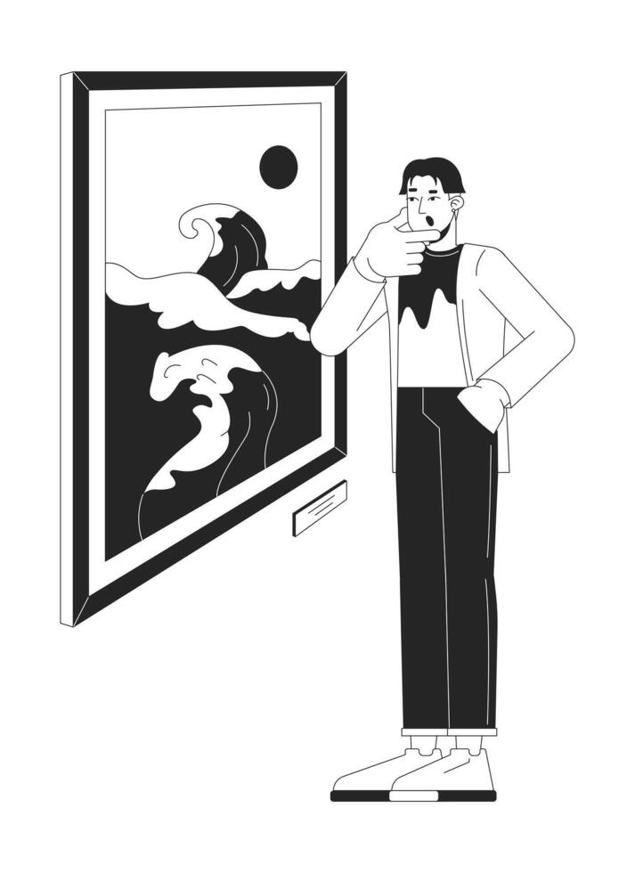 Asian man looking at japanese painting black and white 2D line cartoon character. Guy enjoying museum artwork isolated outline person. Gallery visitor monochromatic flat spot illustration vector