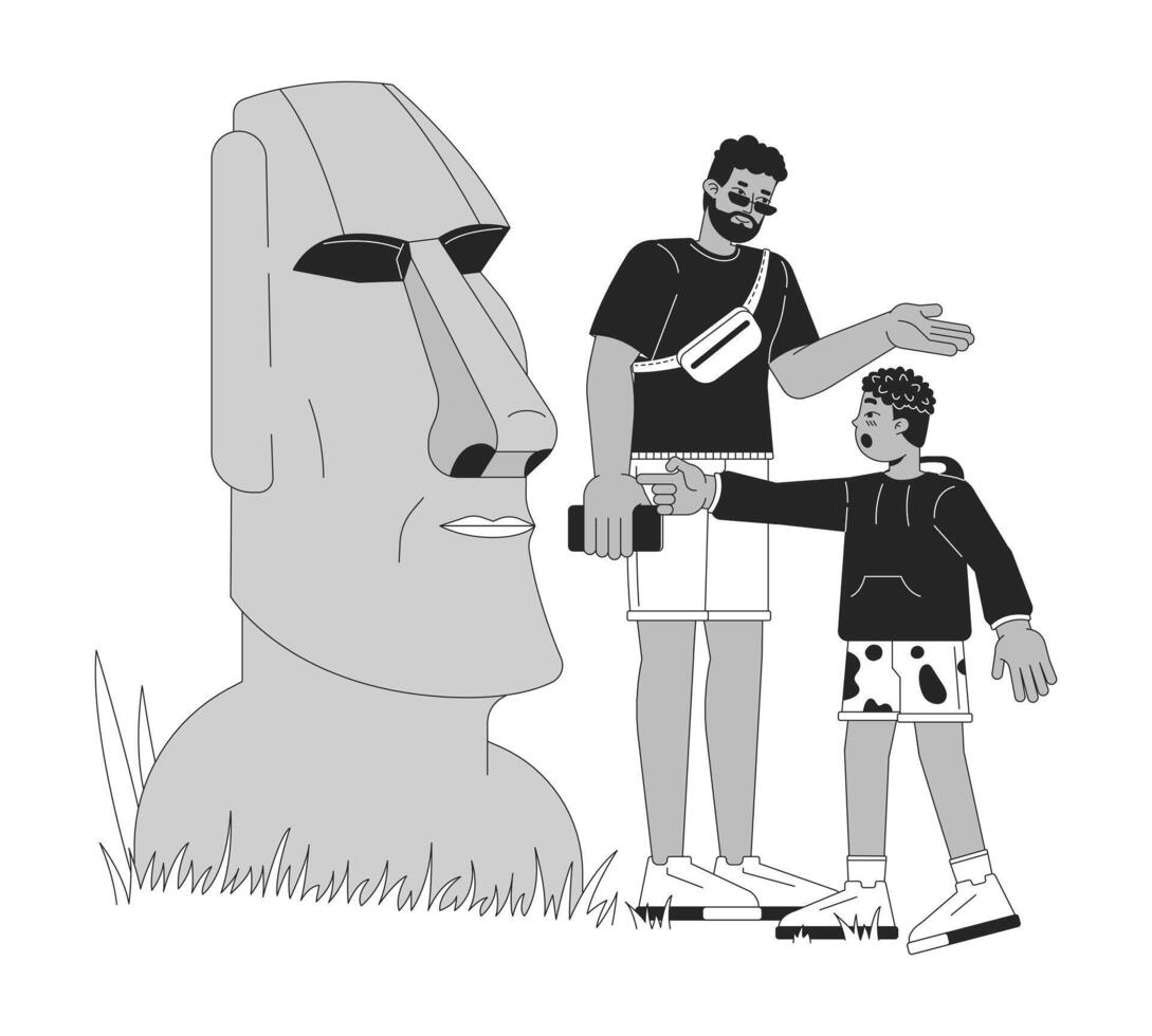 African american son and dad visit moai statue black and white 2D line cartoon characters. Black family on trip isolated outline people. Easter island tour monochromatic flat spot illustration vector