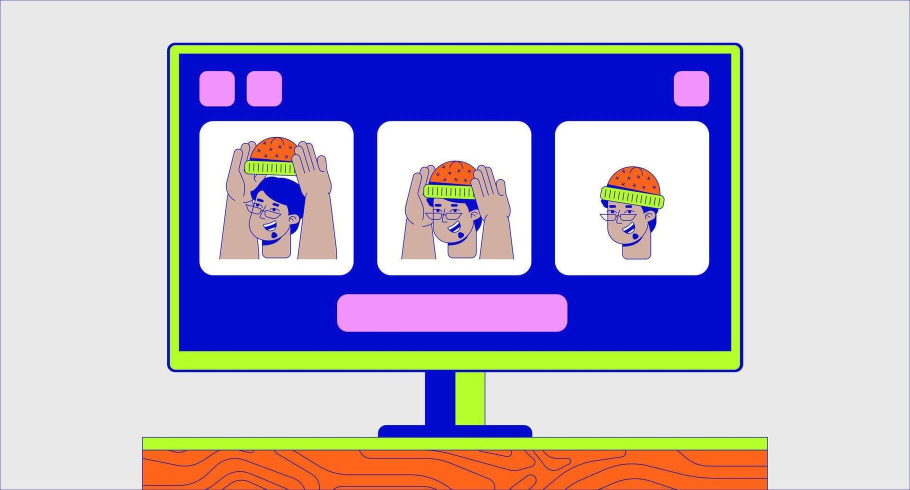 Arab male fashion blogger wearing hat on stream 2D linear illustration concept. lesson on computer monitor cartoon scene background. Internet metaphor abstract flat graphic vector