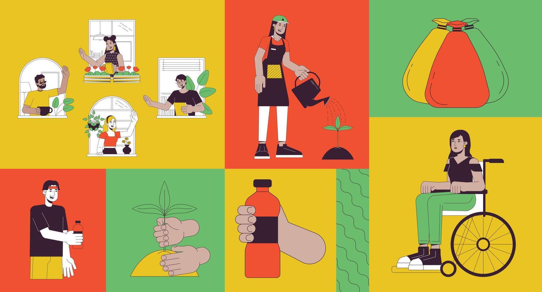 We culture mindset bento grid illustration set. Sustainability eco-friendly 2D image collage design graphics collection. Inclusive people diverse volunteers flat characters moodboard layout vector
