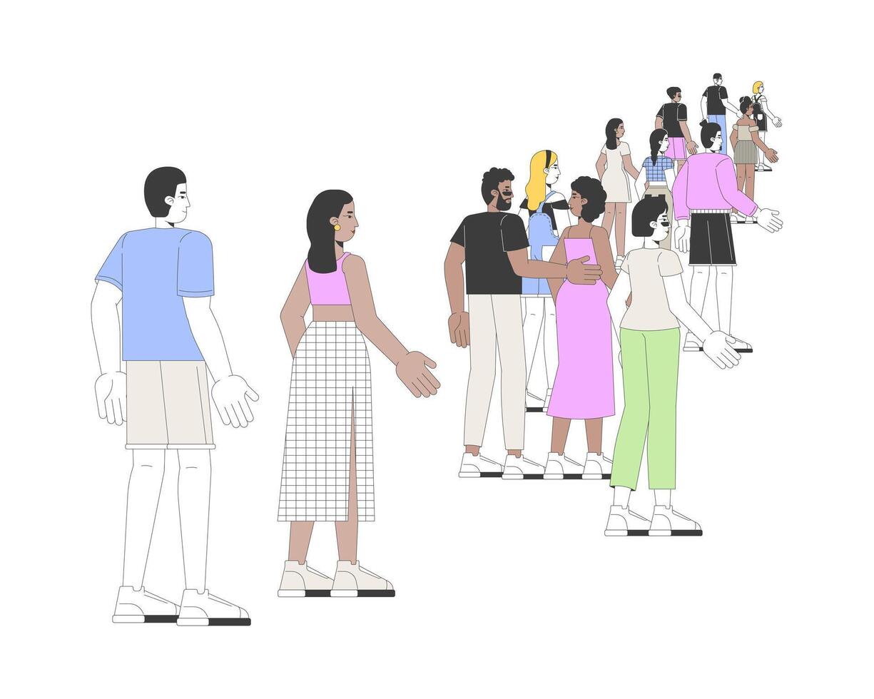 Multicultural people walking strolling 2D linear cartoon characters. Diverse tourists group isolated line people white background. Sightseeing travelers adults color flat spot illustration vector