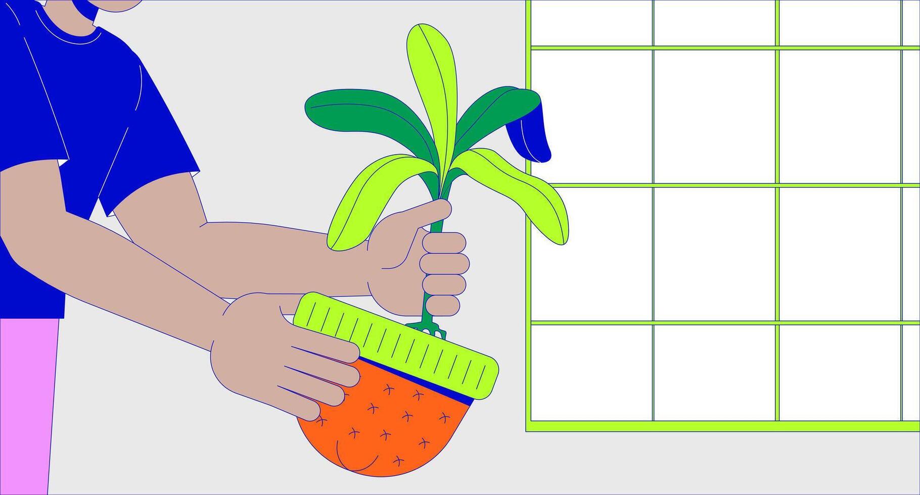 Male placing houseplant into hat 2D linear illustration concept. Man growing exotic plant in cap shaped pot cartoon scene background. Hobby and leisure metaphor abstract flat graphic vector