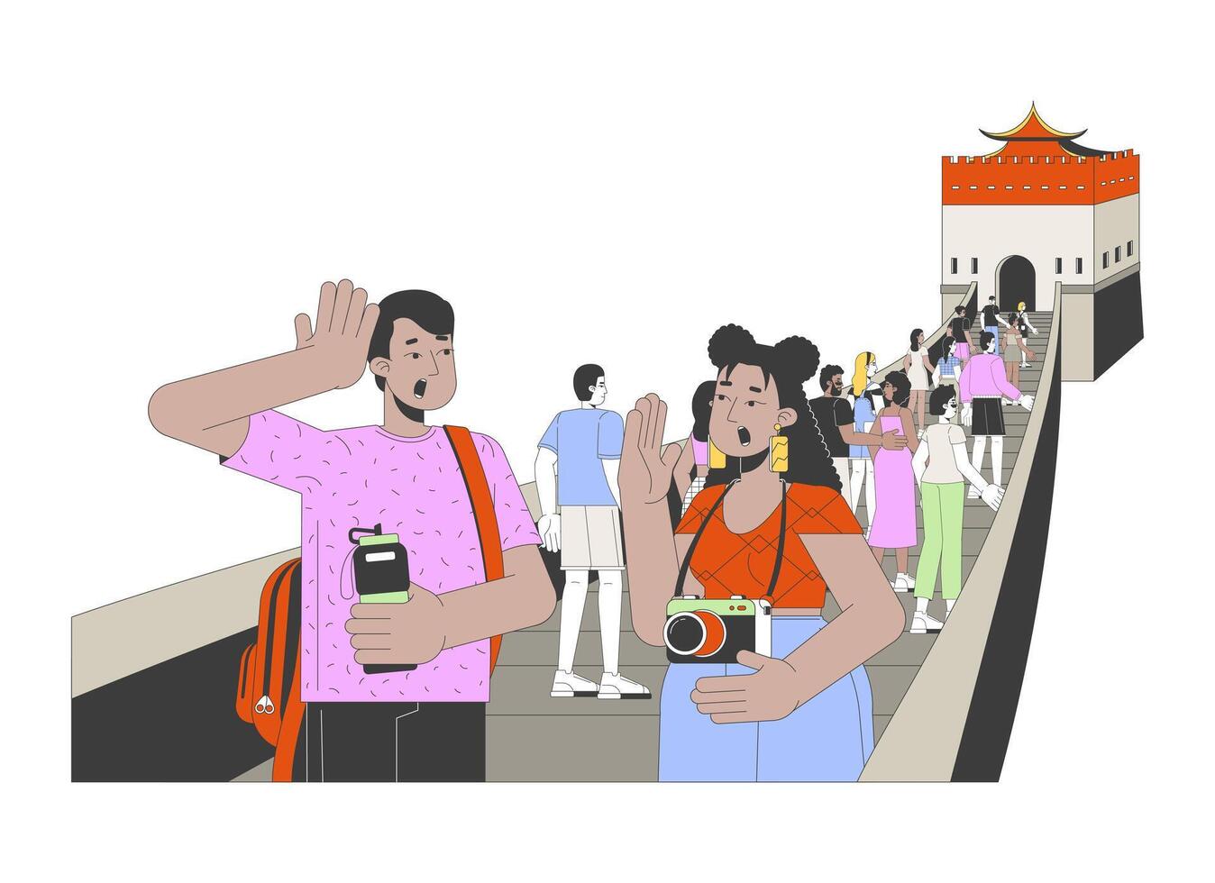 Group of excited tourists on great wall of china 2D linear cartoon characters. Excursion travelers isolated line people white background. Landmark sightseeing color flat spot illustration vector