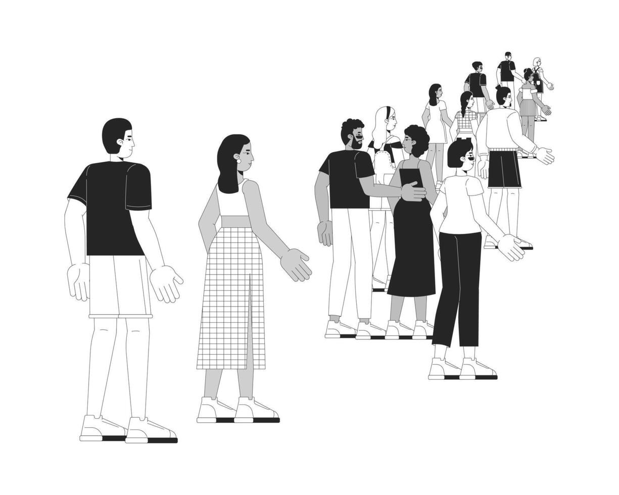 Multicultural people walking strolling black and white 2D line cartoon characters. Diverse tourists group isolated outline people. Sightseeing travelers monochromatic flat spot illustration vector
