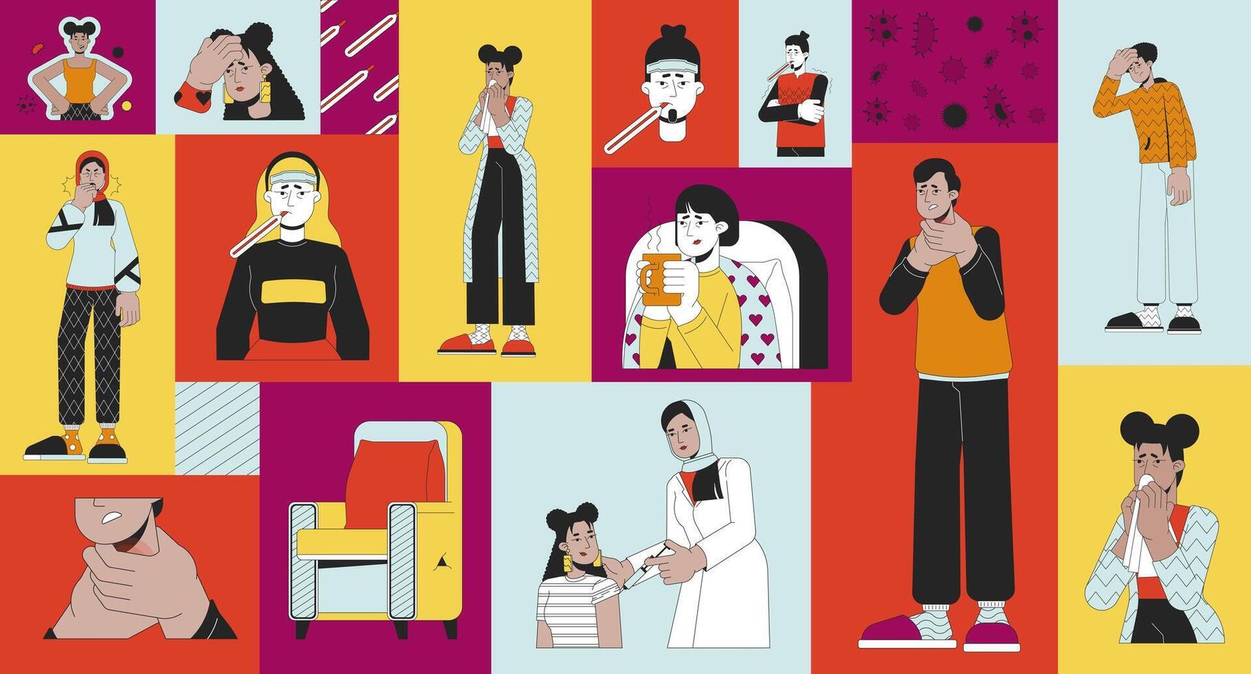 Illnesses seasonal bento grid illustration set. Winter sickness symptoms 2D image collage design graphics collection. Flu vaccine. Diverse people sick cold flat characters moodboard layout vector