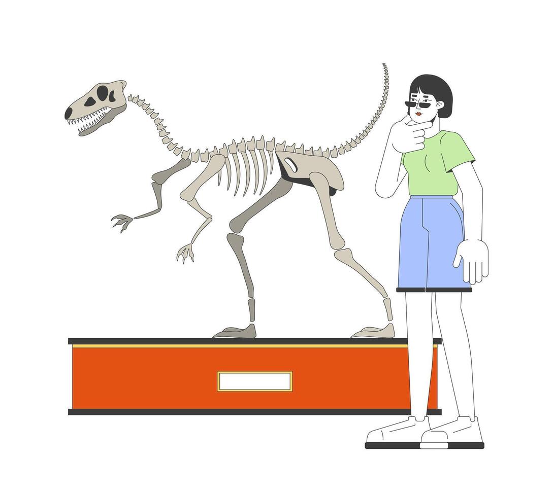 Asian woman looking at velociraptor fossil exhibit 2D linear cartoon character. Korean female isolated line person white background. Natural history museum tour color flat spot illustration vector