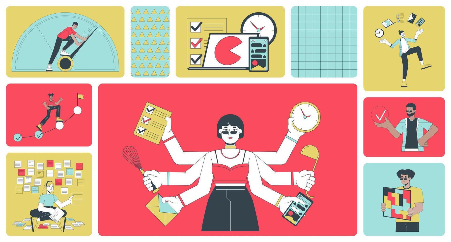 Productivity people bento grid illustration set. Office workflow 2D image collage design graphics collection. Task management. Busy multitasking employees flat characters moodboard layout vector