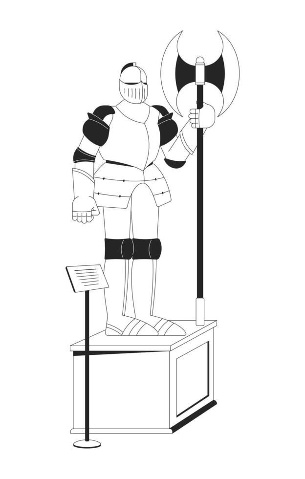 Medieval knight armor exhibit black and white 2D line cartoon object. Military armour at museum exhibition isolated outline item. Historical middle ages monochromatic flat spot illustration vector
