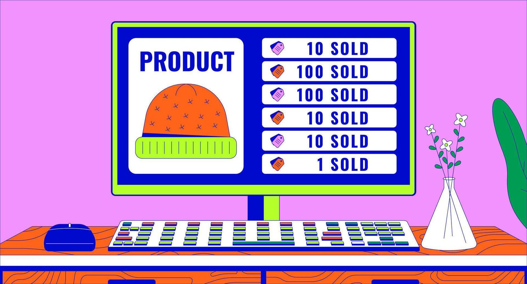 Warm hats selling analytics on pc monitor 2D linear illustration concept. Online craft clothes store running cartoon scene background. E commerce business metaphor abstract flat graphic vector