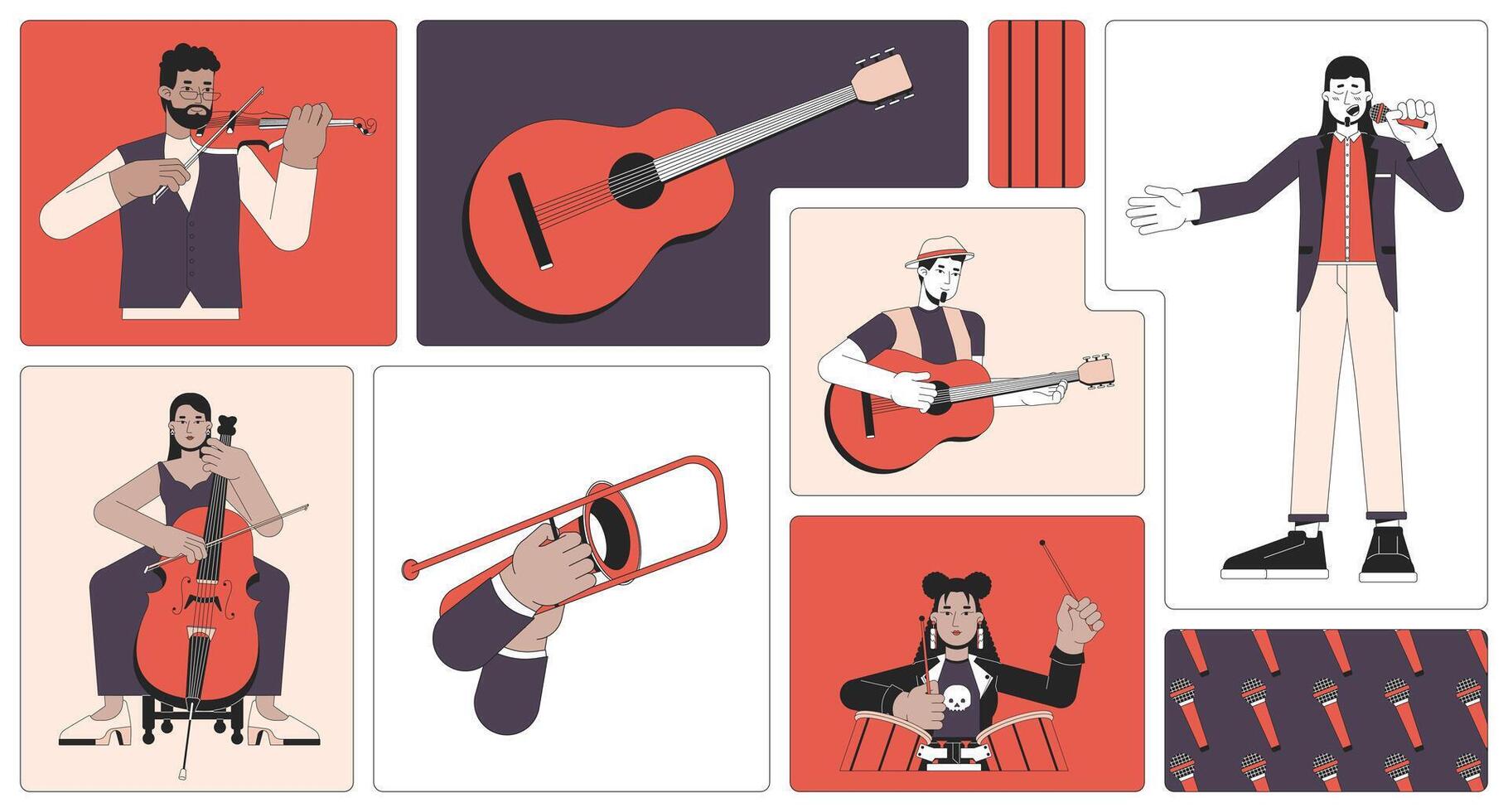 Music performance bento grid illustration set. Classical instruments playing concert 2D image collage design graphics collection. Musicians jazz performers flat characters moodboard layout vector