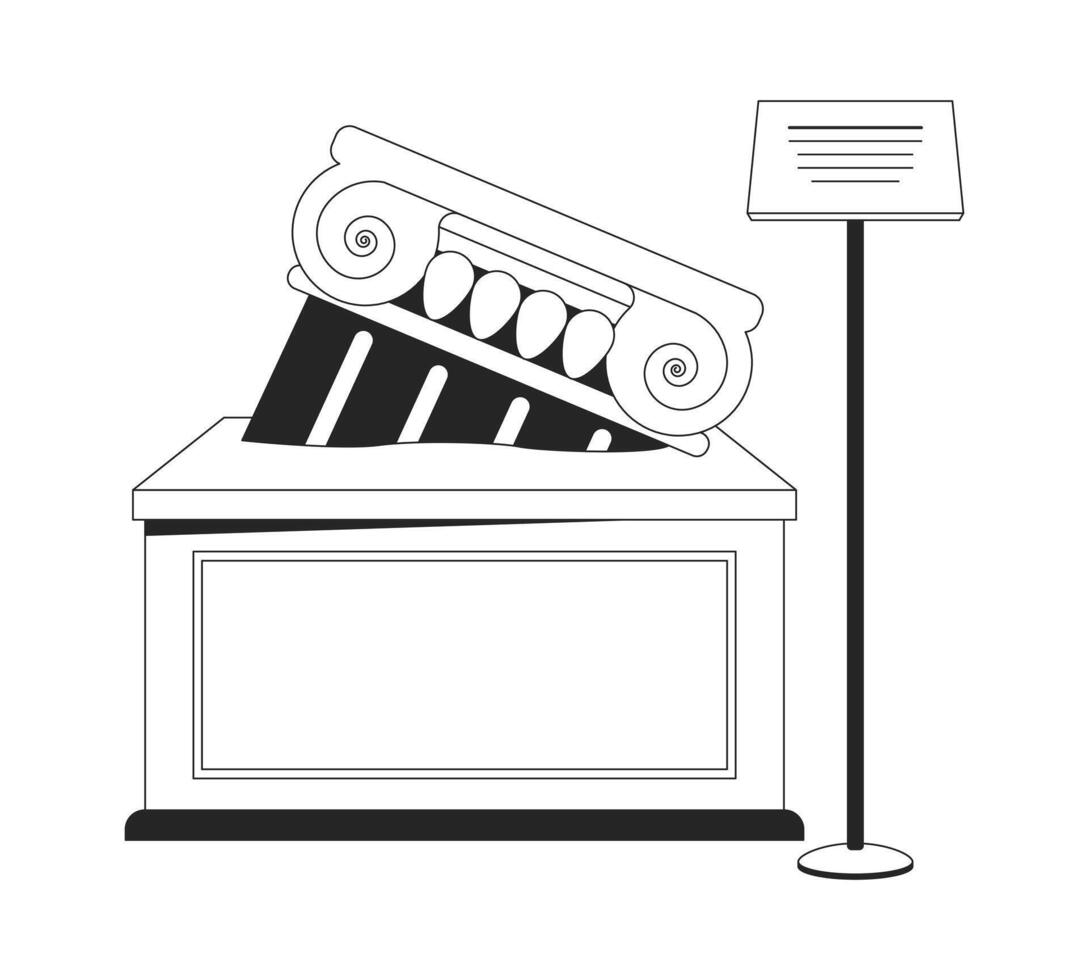 Ancient broken column exhibit black and white 2D line cartoon object. Ruined Greek pillar on display isolated outline item. Archeological museum exhibition monochromatic flat spot illustration vector