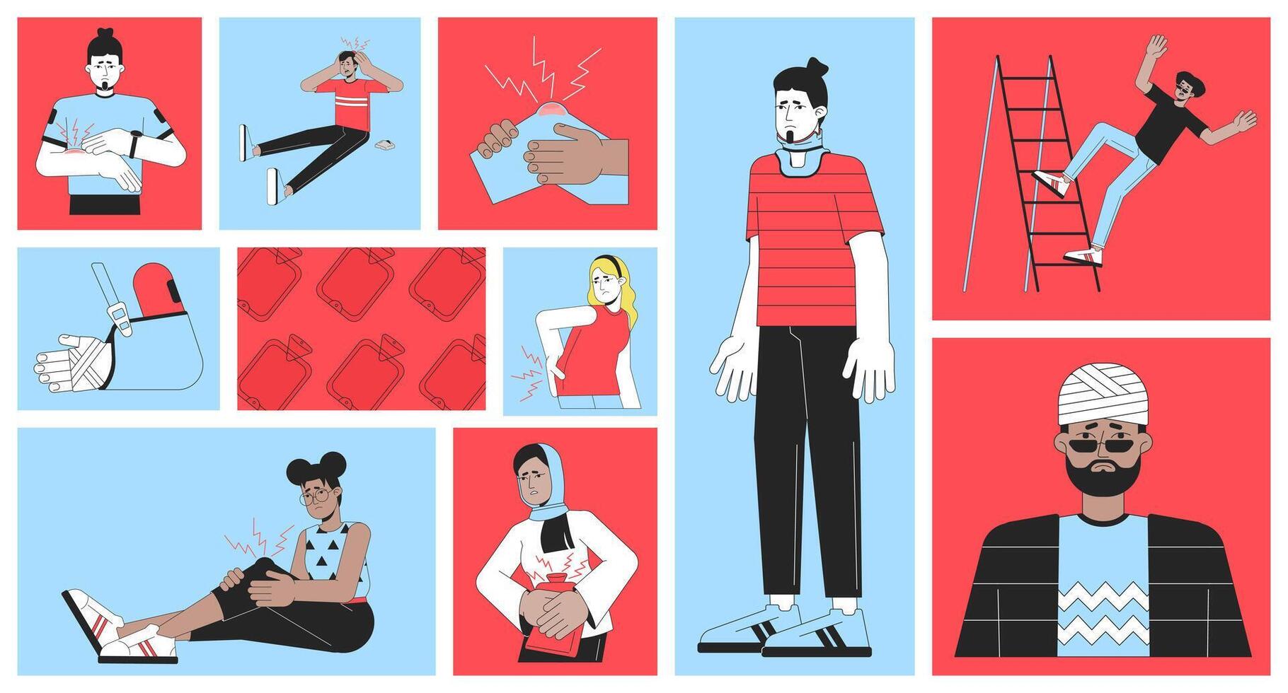 People with injuries bento grid illustration set. Painful accidents and treatments 2D image collage design graphics collection. Physical trauma adults flat characters moodboard layout vector