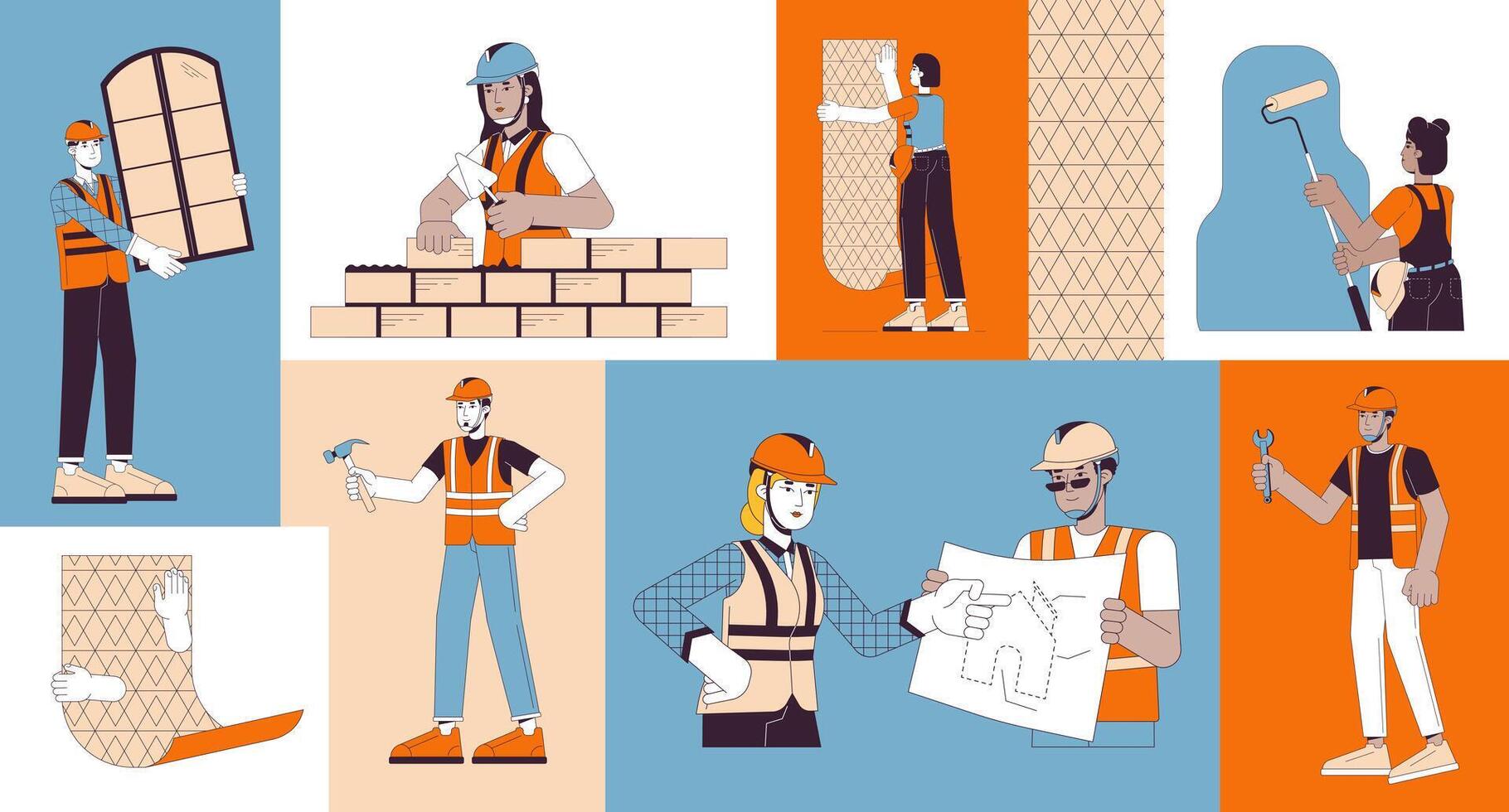 Construction workers on site bento grid illustration set. House builders 2D image collage design graphics collection. Apartment contractors diverse people flat characters moodboard layout vector