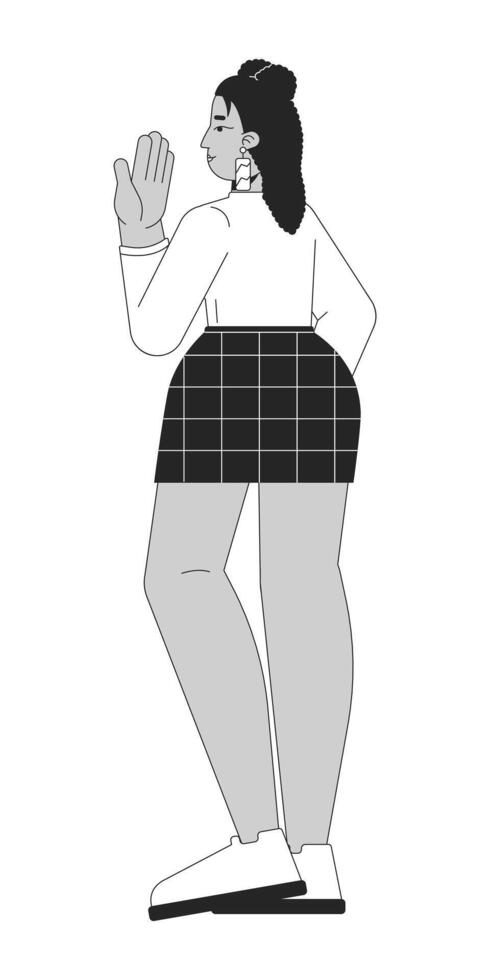 Curvy hispanic young woman covering mouth in surprise black and white 2D line cartoon character. Female student in school uniform isolated outline person. Monochromatic flat spot illustration vector