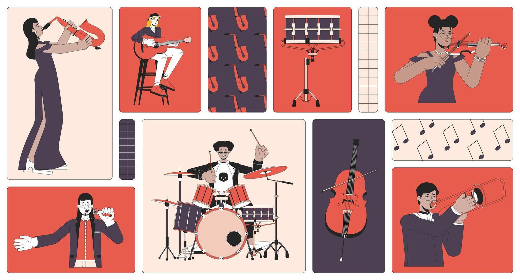 Live music performers bento grid illustration set. Jazz band, rock star drummer 2D image collage design graphics collection. Musicians diverse people flat characters moodboard layout vector