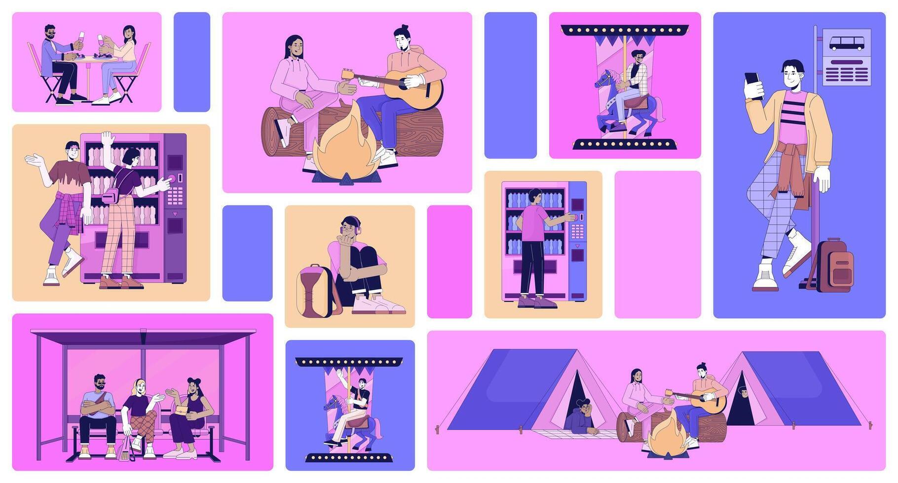 Spending evenings lo fi vibes bento grid illustration set. Bus stop, camping 2D image collage design graphics collection. Couple dates, leisure friends diverse flat characters moodboard layout vector