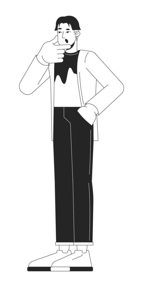 Korean man in stylish clothes rubbing chin black and white 2D line cartoon character. Asian male art enthusiast isolated outline person. Curiosity emotion monochromatic flat spot illustration vector