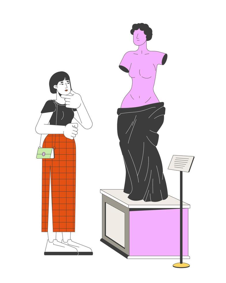 Korean woman watching on greek female statue 2D linear cartoon character. Asian girl enjoying ancient sculpture isolated line person white background. Art lover color flat spot illustration vector