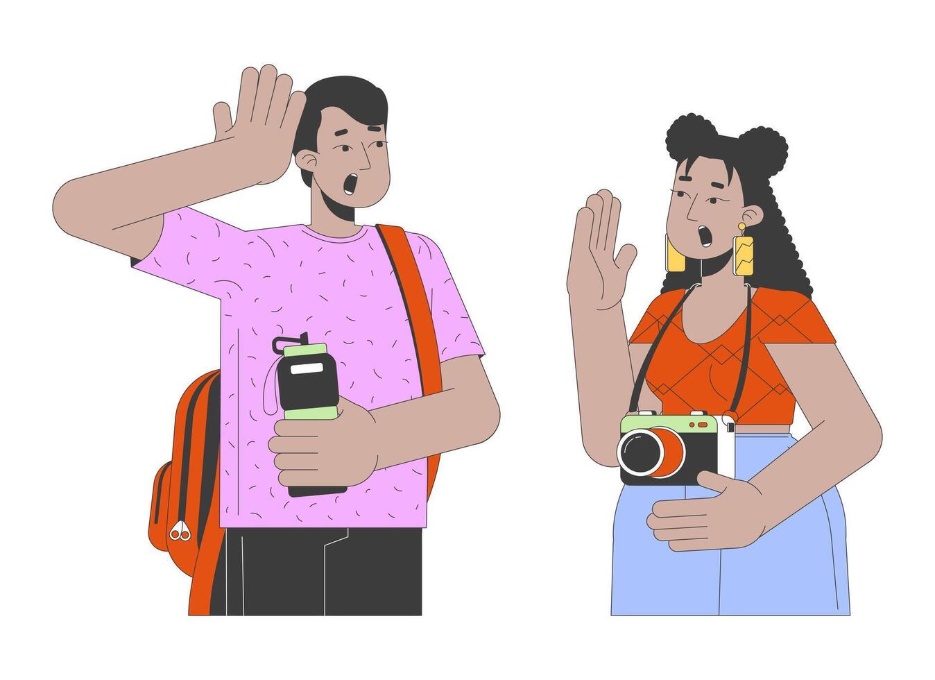 Excited mixed race couple traveling sightseeing 2D linear cartoon characters. Diverse tourists together isolated line people white background. Excitement expression color flat spot illustration vector