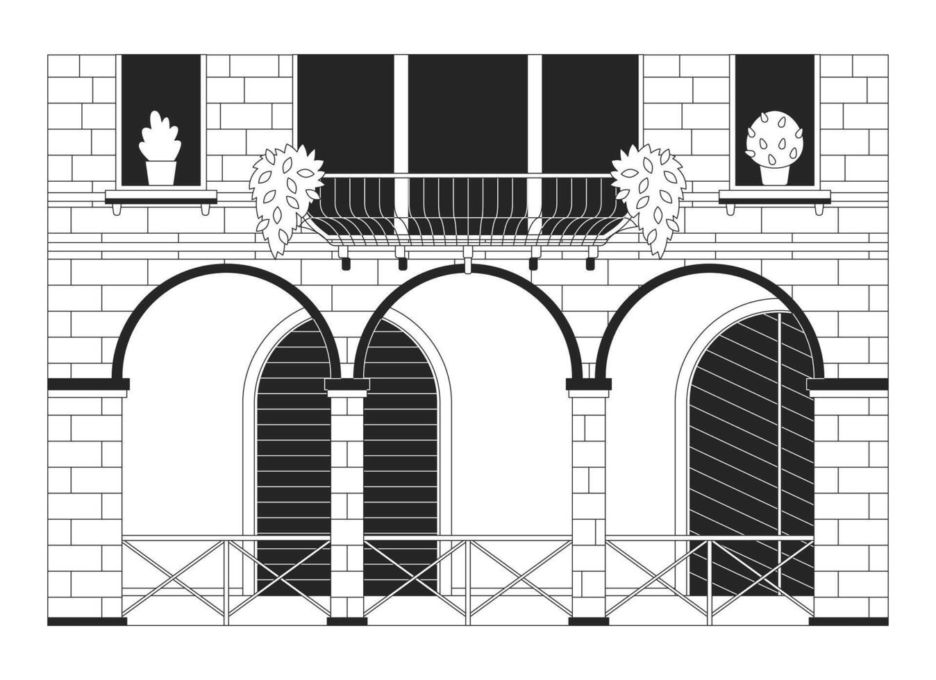 Venice building exterior black and white 2D line cartoon object. Venetian architecture isolated outline item. Europe travel. Italian house facade monochromatic flat spot illustration vector