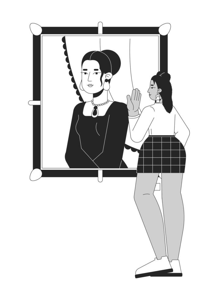 Curvy latina woman looking at mona lisa painting black and white 2D line cartoon character. Hispanic female enjoying famous artwork isolated outline person. Monochromatic flat spot illustration vector