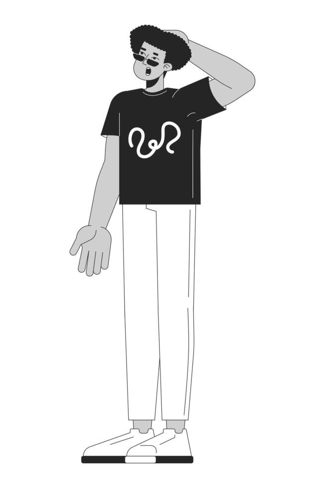 Latin american man rubbing back of head black and white 2D line cartoon character. Hispanic guy in casual clothing isolated outline person. Stunned emotion monochromatic flat spot illustration vector