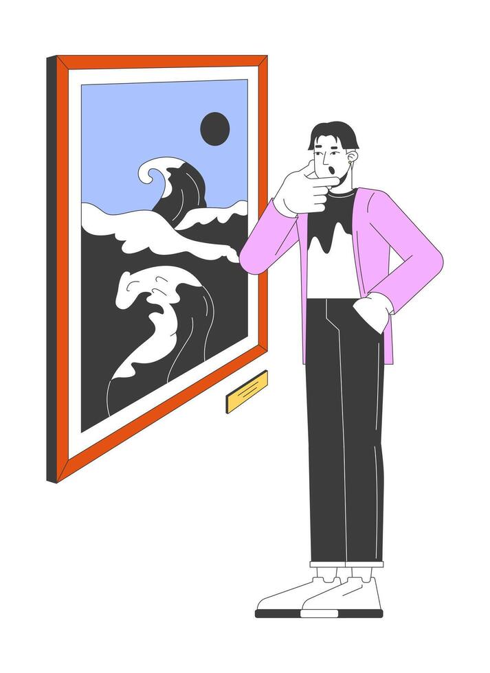 Asian man looking at japanese painting masterpiece 2D linear cartoon character. Guy enjoying museum artwork isolated line person white background. Gallery visitor color flat spot illustration vector