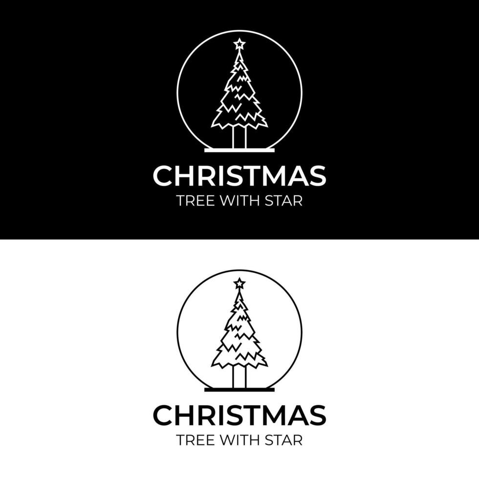 Christmas tree with a star inside snow globe in simple sketch logo design vector