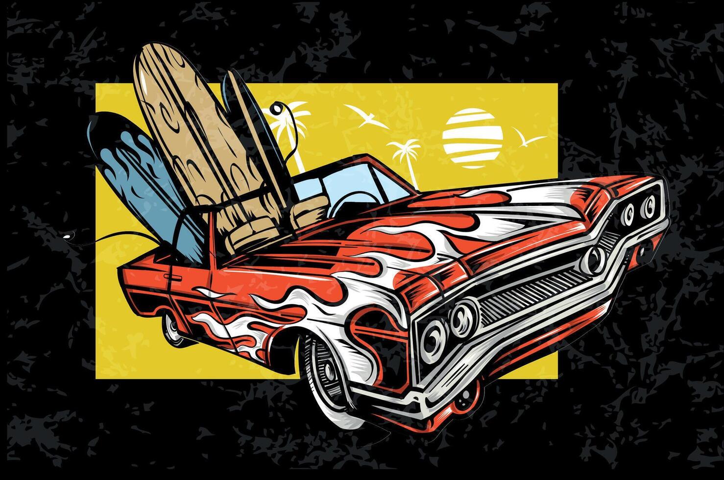 Vintage car with surfboard palm trees and the sun. Long beach, summer vibes hand draw. illustration vector