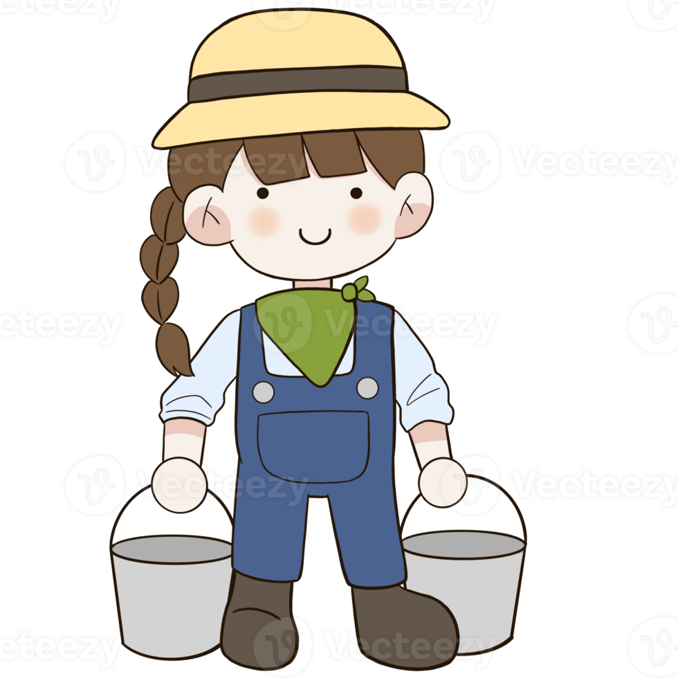 cartoon farmer girl with bucket and straw hat png