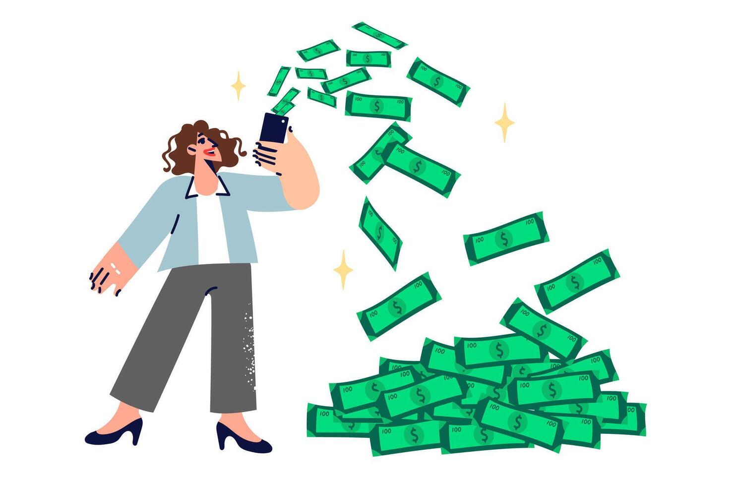Business woman earns money through phone, working as SMM manager, stands near pile of dollars vector