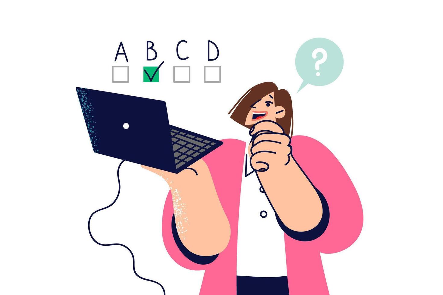Woman thinks taking online test on laptop and chooses one of options offered by program vector