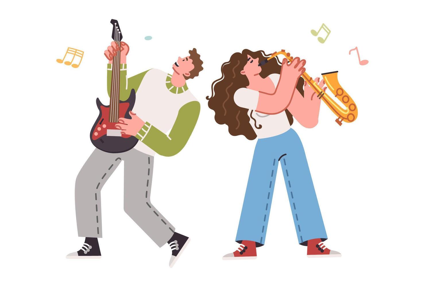 Musical group performing jazz tune on guitar and saxophone for entertainment of audience vector