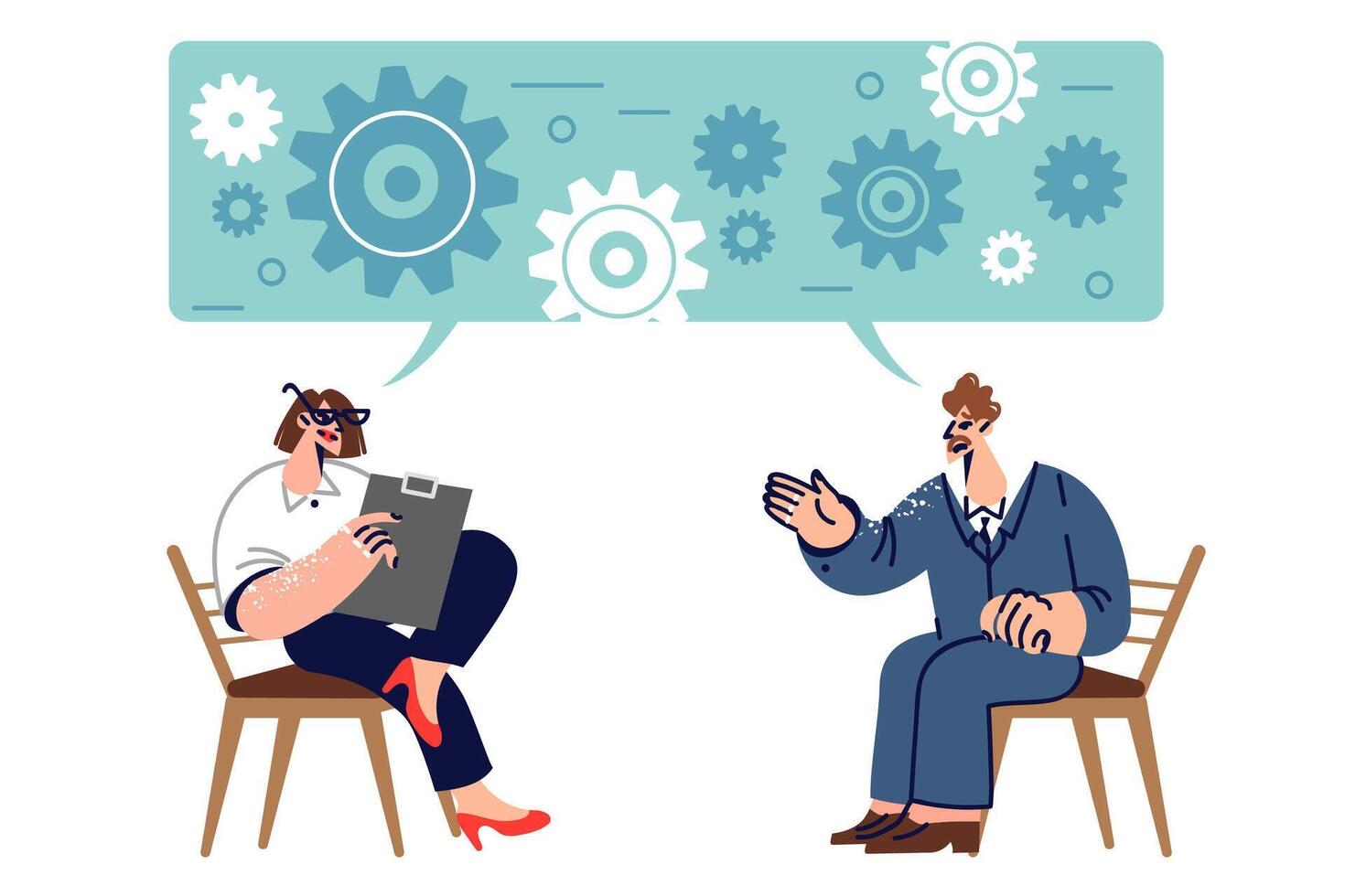 Business man and psychotherapist sit on chairs under dialogue cloud of gears during session vector