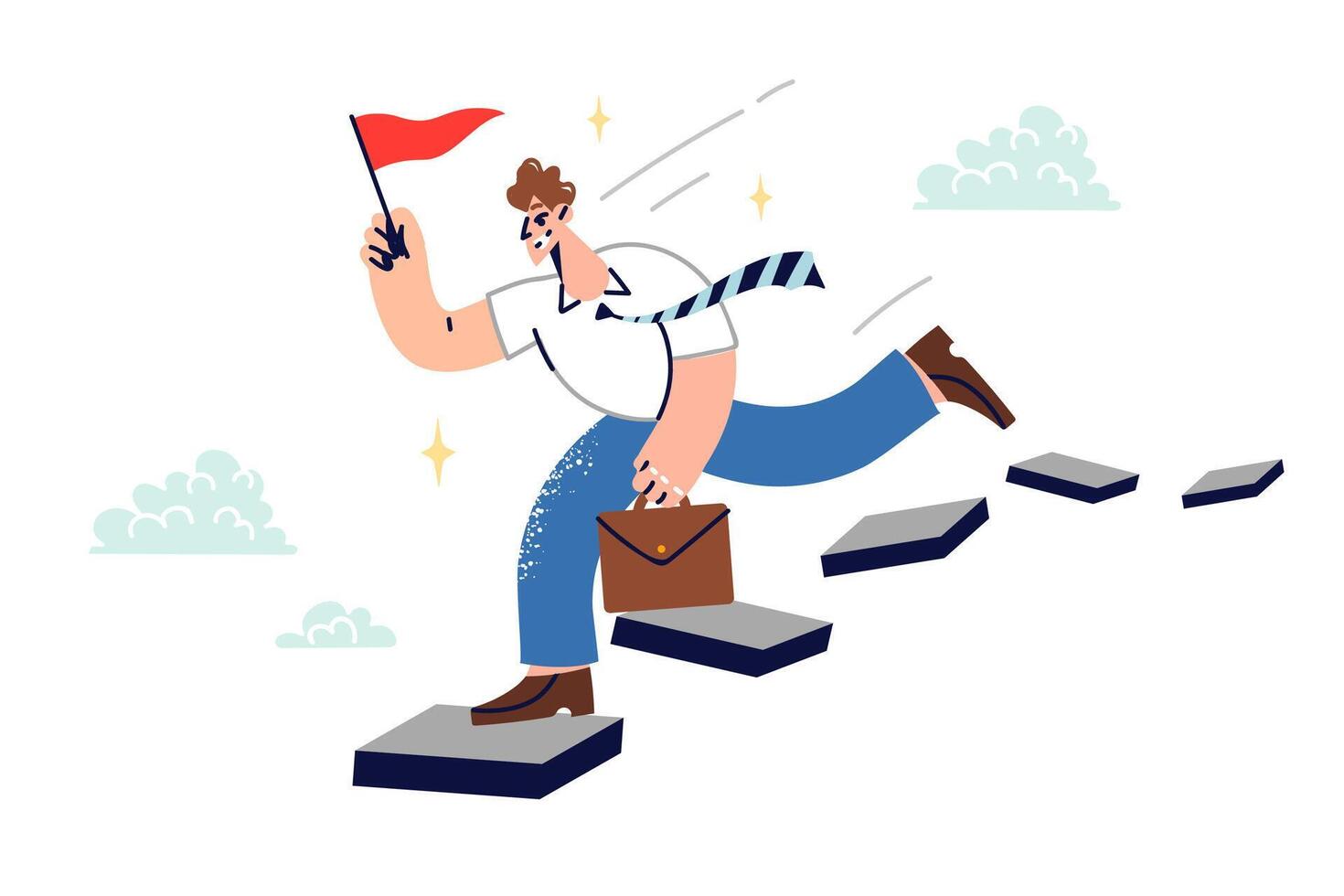 Man leader strives to achieve business goals and success, running along steps high in sky vector