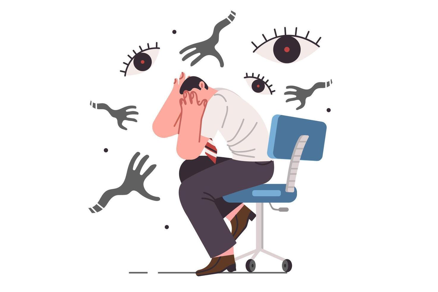 Paranoia and panic attack cause fear in business man, sitting among hands of monsters vector