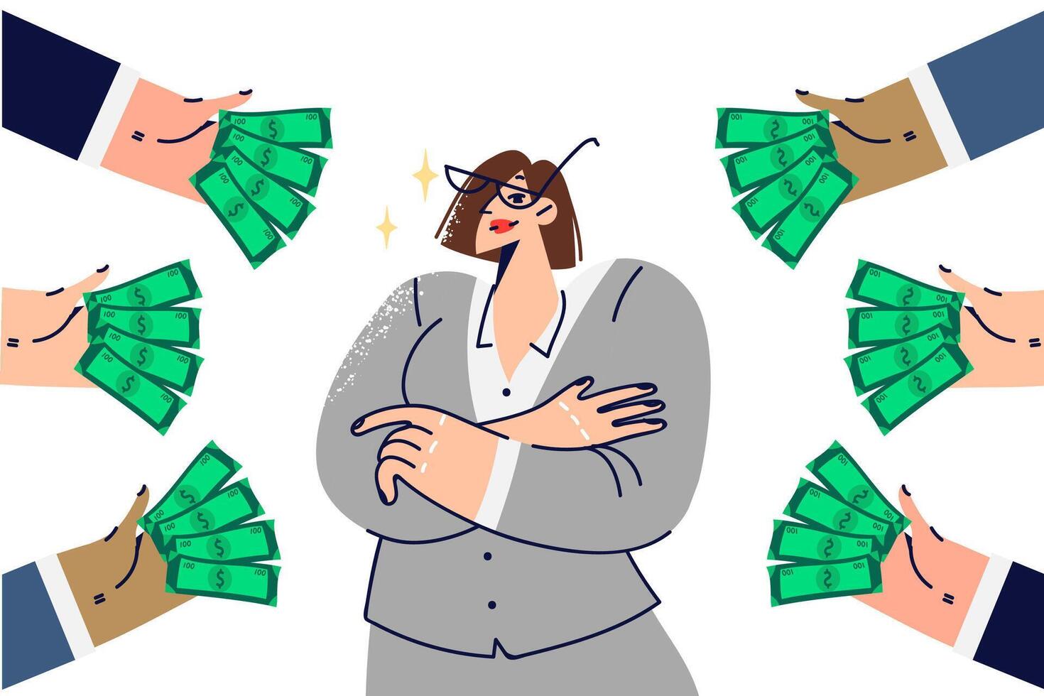 Bribe for business woman refusing corruption, standing with arms crossed among hands with money vector