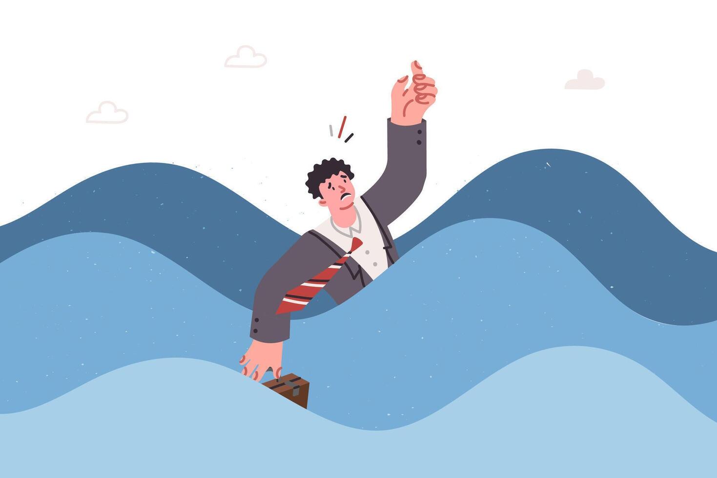 Business man drowning in sea, for concept of mortal danger due to crisis and corporate bankruptcy vector
