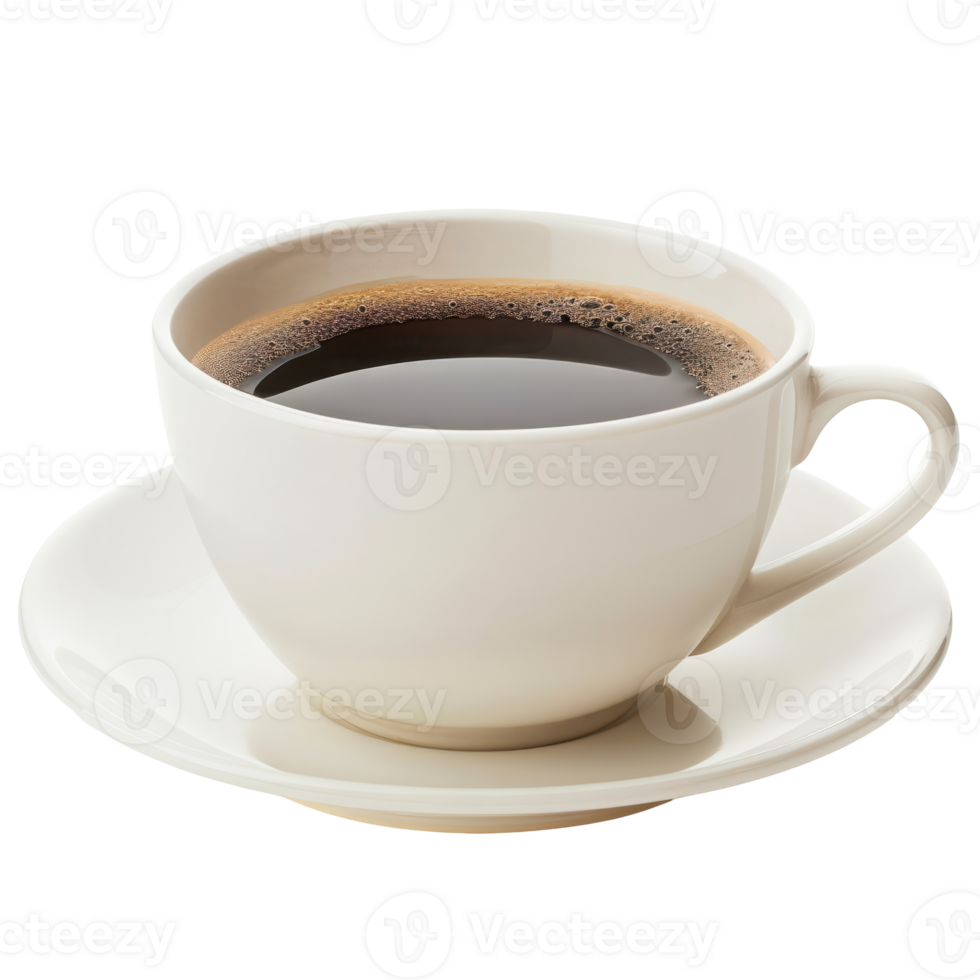 Close-up of steaming cup of black coffee in white cup and saucer png
