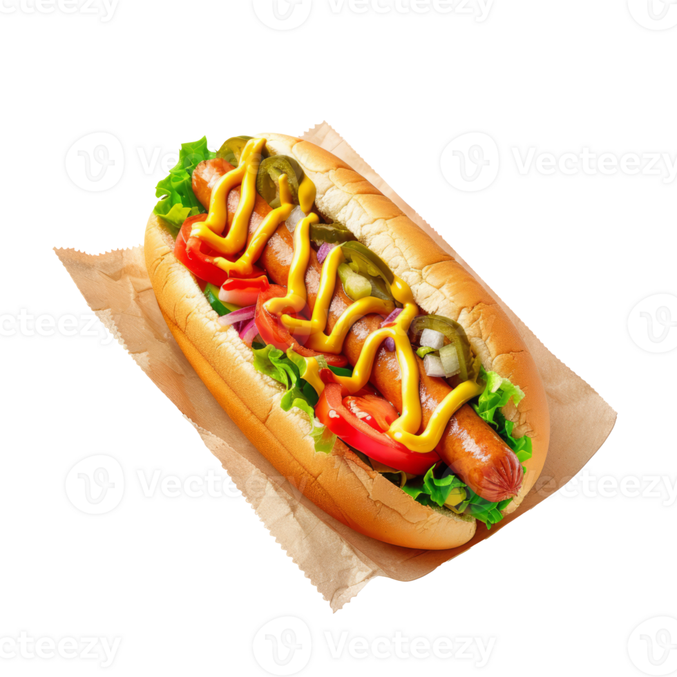 Close-up of hot dog with mustard, onions and pickles. Take away street food with sesame bun, sausage and toppings png