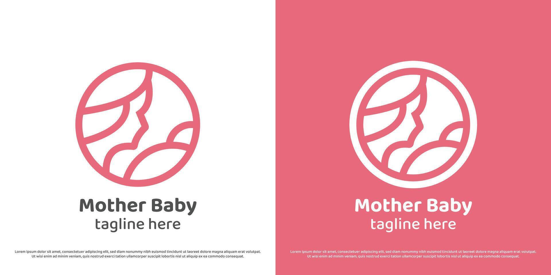 Motherhood logo design illustration. Linear silhouette of mother and child baby tender affection love stamp label sticker. Simple gentle warm care help health circle icon symbol. vector