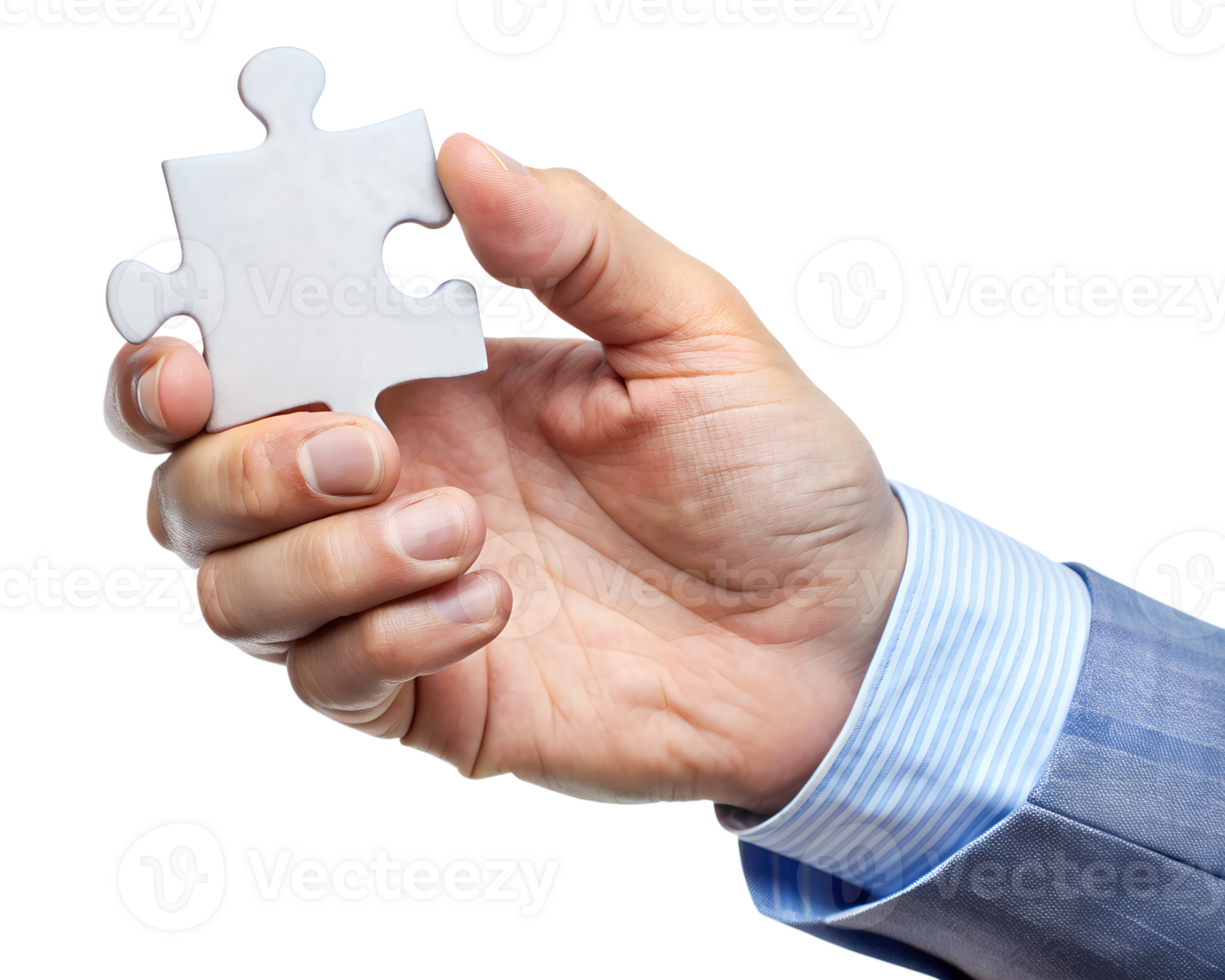 close-up man s hand in holding one puzzle isolated on a translucent background png