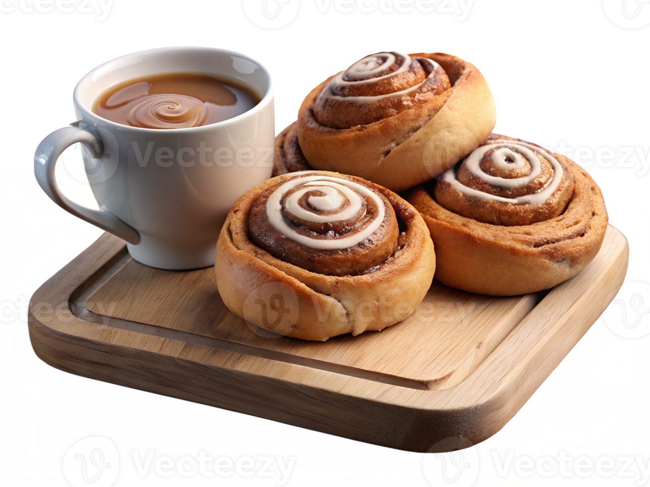 American Cinnamon Rolls Freshly baked cinnamon rolls with cream cheese icing, with a cup of coffee isolated on background png