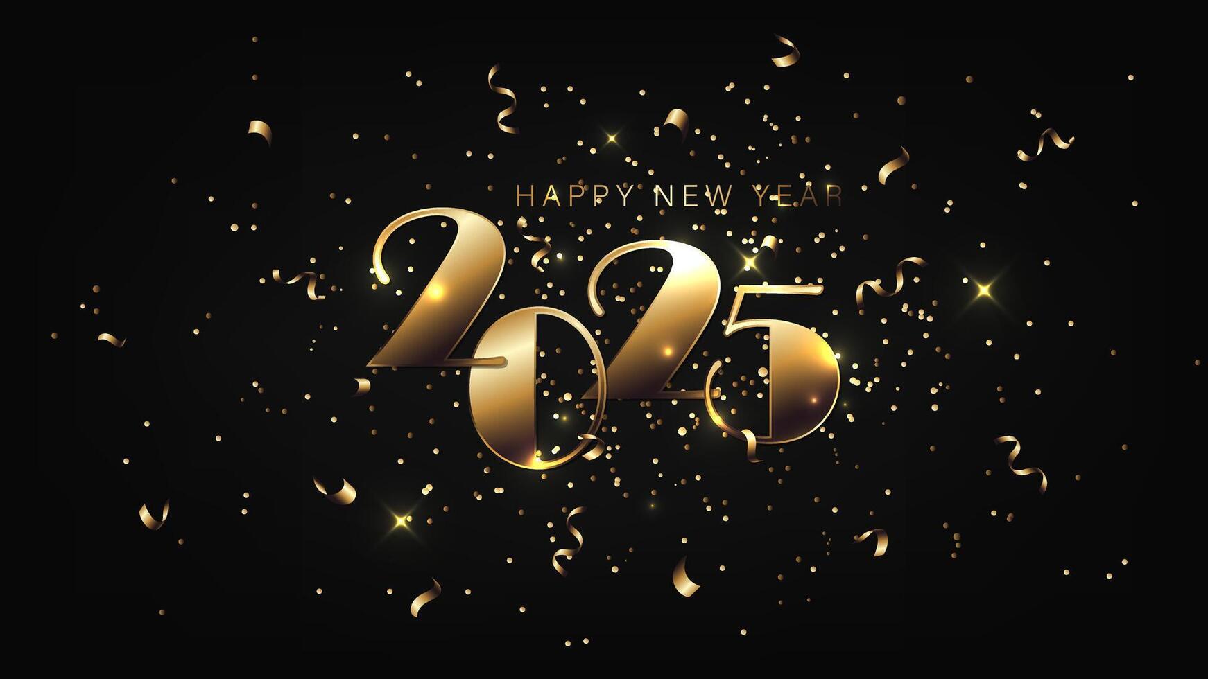 2025 Happy New Year Gold Numbers on Black Background Horizontal Banner vector