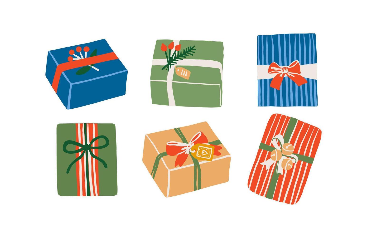 Set of retro Christmas gift boxes with ribbon, gift tag, plants, bow and seligh bells. Cute vintage presents illustration from different angles. vector