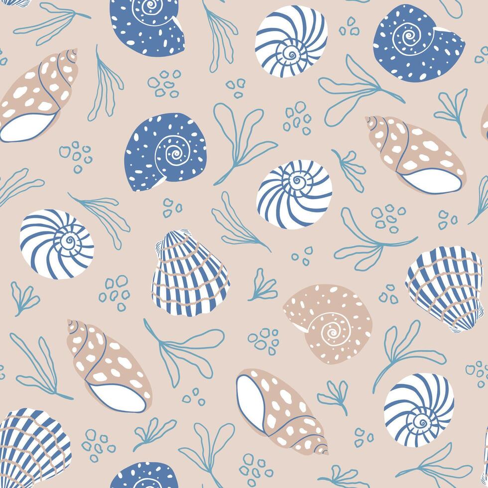 Seashells seamless pattern. Summer, beach, sea life, ocean, travel, vacation elegant repeat background. Textile, paper design. vector